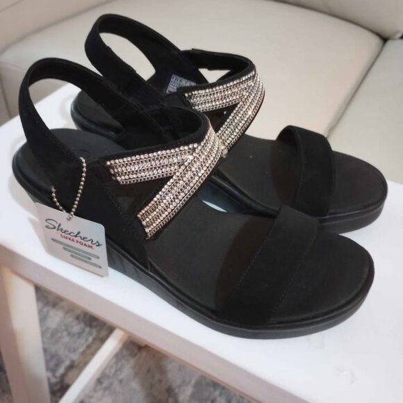 skechers luxe foam black strappy rhinestone wedge sandals shoes size 9 NWT - Picture 1 of 2